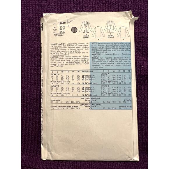 Butterick 3066 pattern blazer boxy boyfriend 1980s size 12 - Picture 3 of 6
